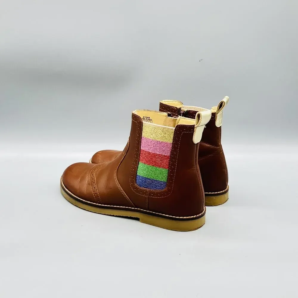 Mini Boden Boots Girls 1.5 Brown Leather Chelsea Ankle Glitter Stripe Zip Brogue